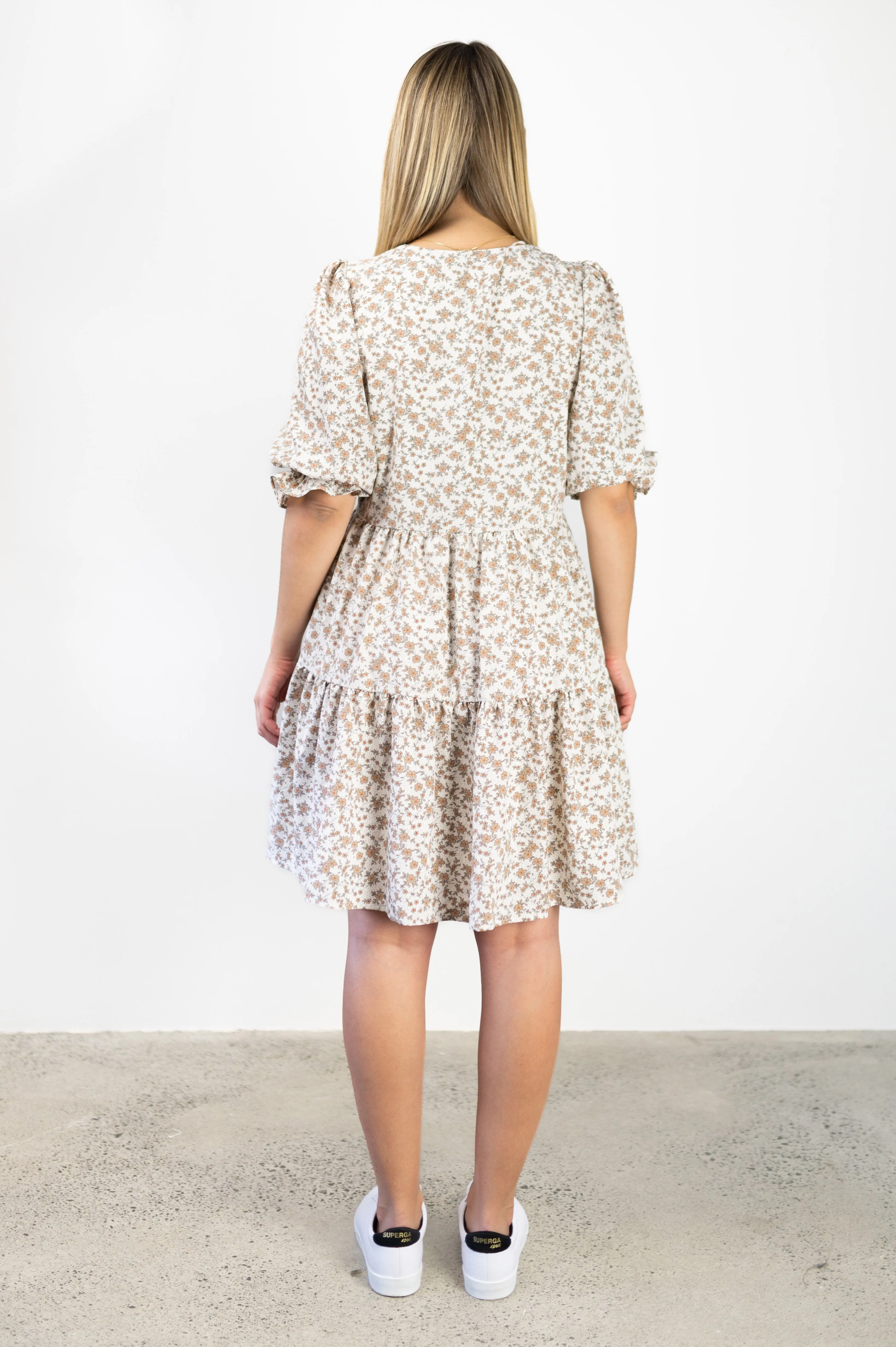 Valentine Ivory Mini Floral V Neck SS Puff Sleeve Tiered Smock Dress