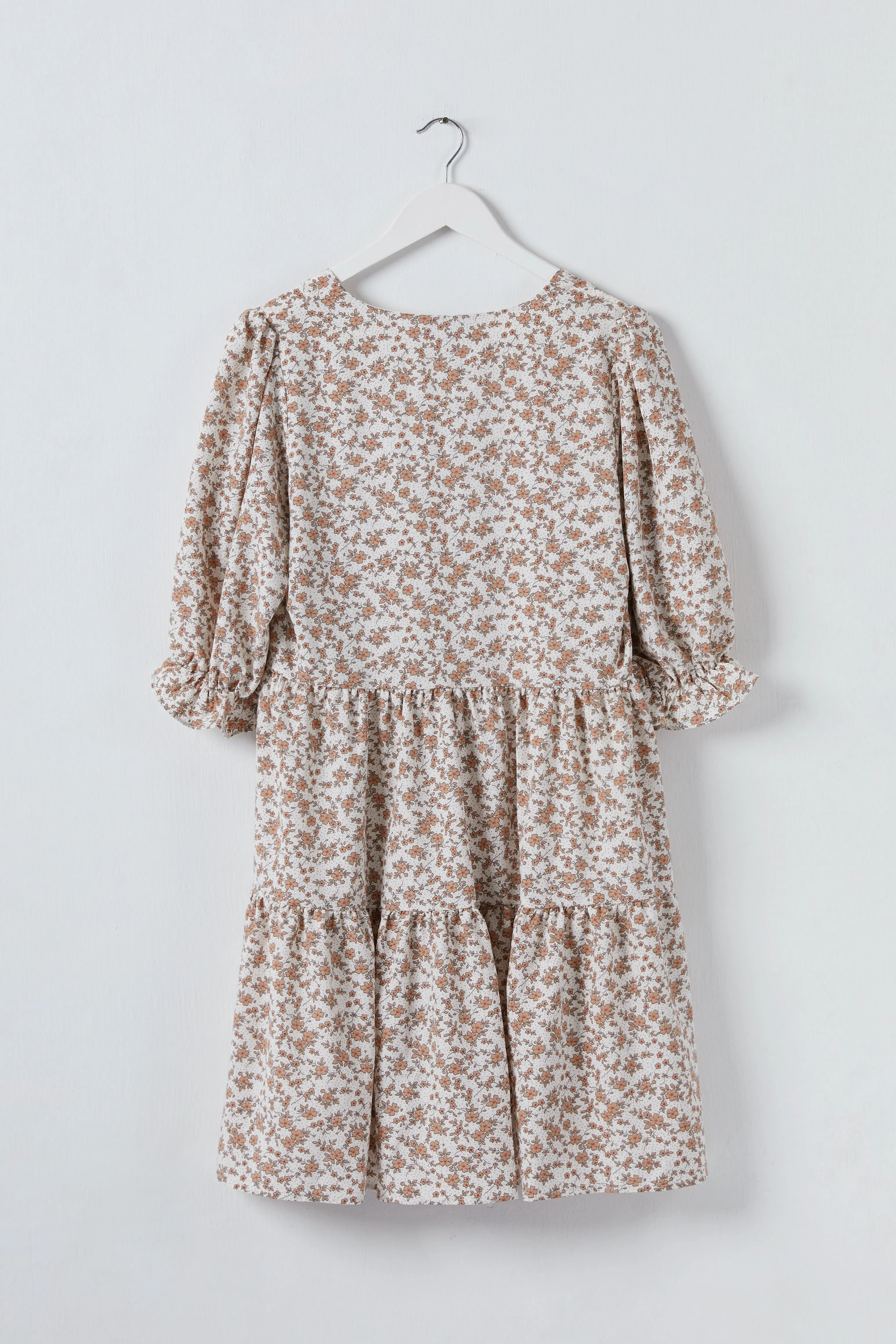 Valentine Ivory Mini Floral V Neck SS Puff Sleeve Tiered Smock Dress