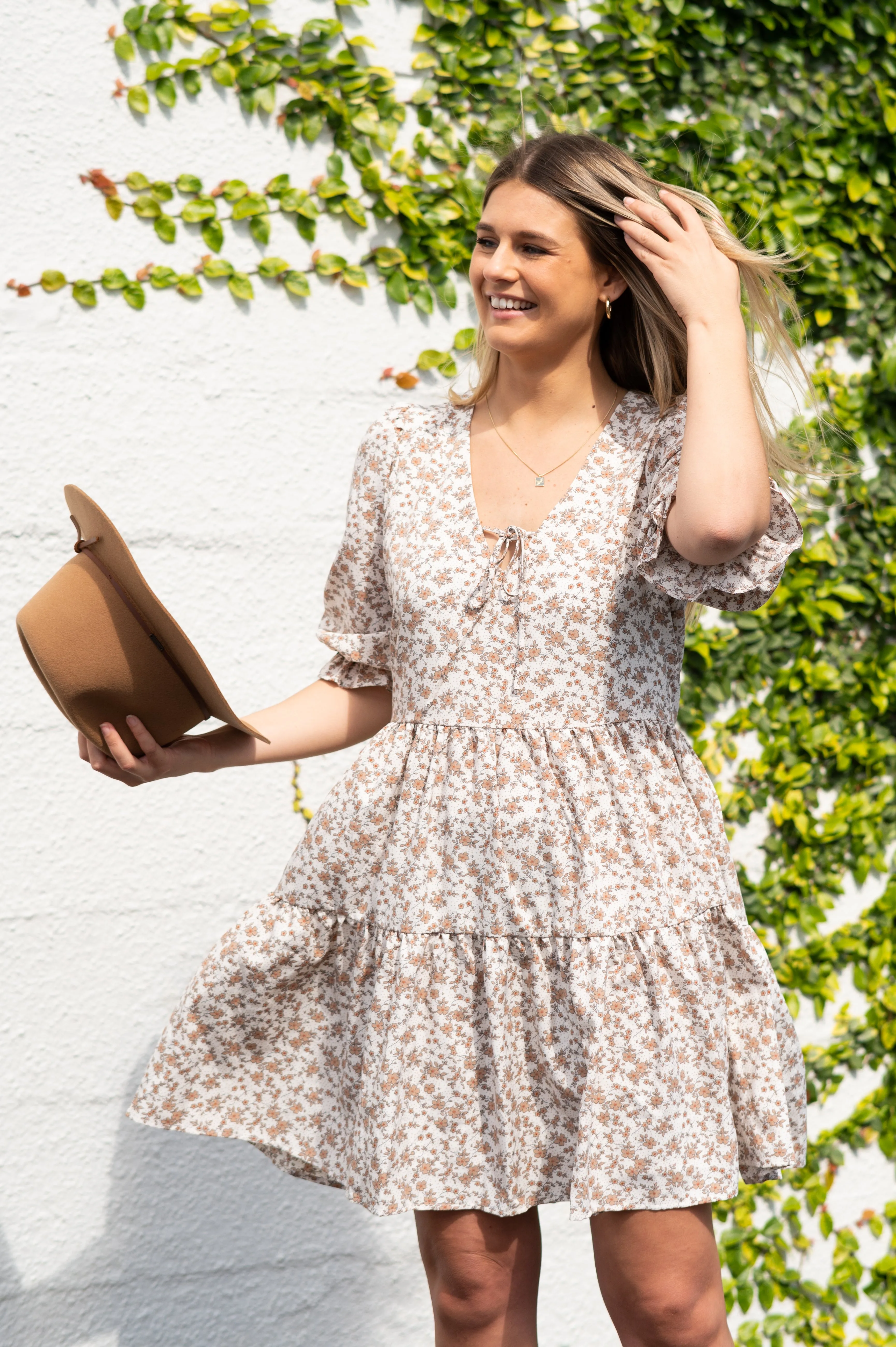 Valentine Ivory Mini Floral V Neck SS Puff Sleeve Tiered Smock Dress