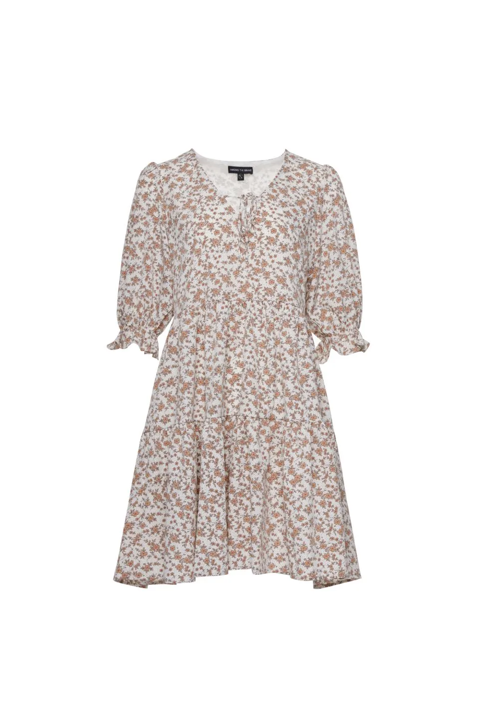 Valentine Ivory Mini Floral V Neck SS Puff Sleeve Tiered Smock Dress