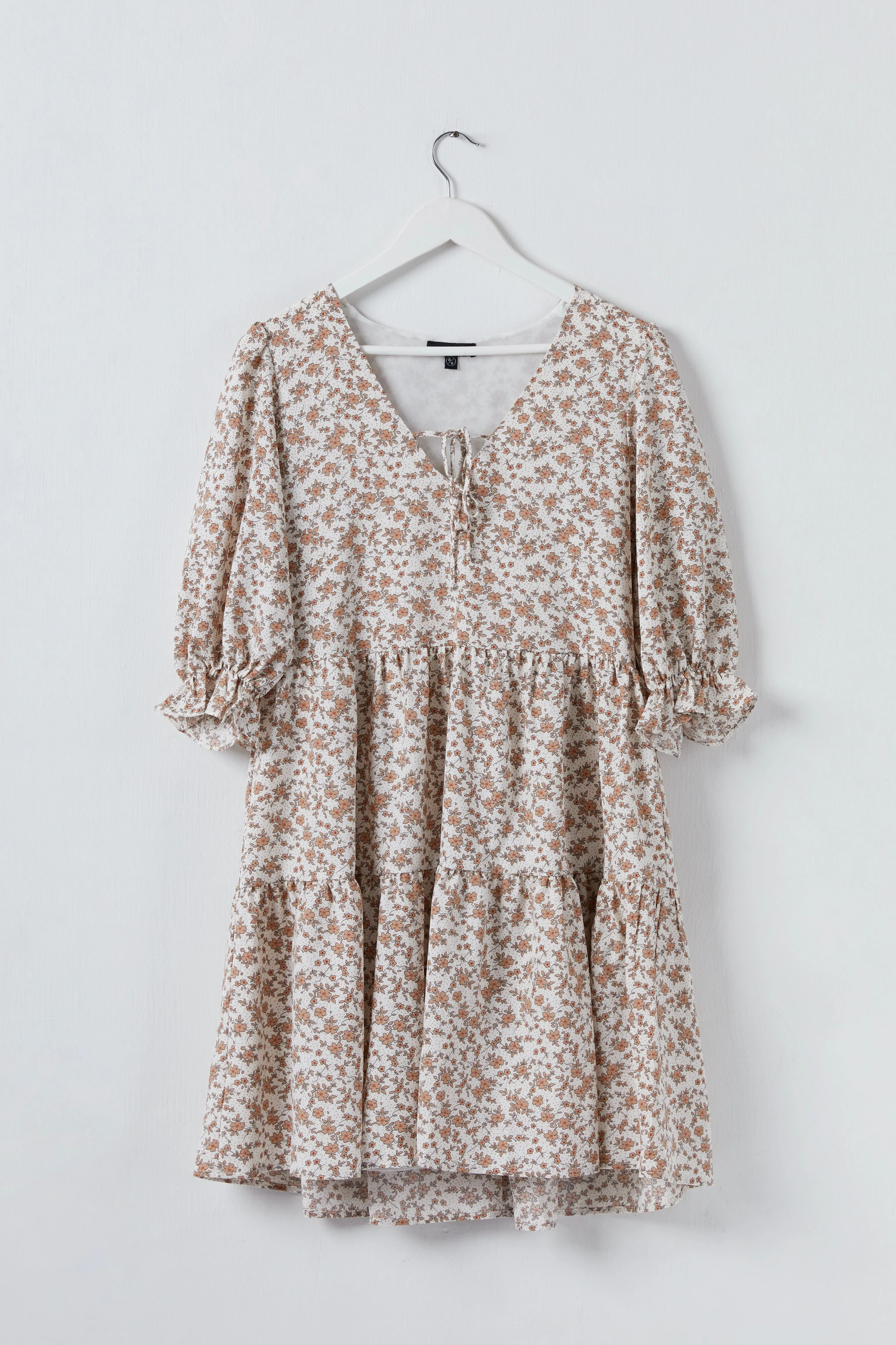 Valentine Ivory Mini Floral V Neck SS Puff Sleeve Tiered Smock Dress