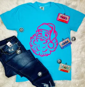 {WHAT A TEALLY PERFECT SANTA} Hot Pink Puff Ink Aqua Crew Neck Tee