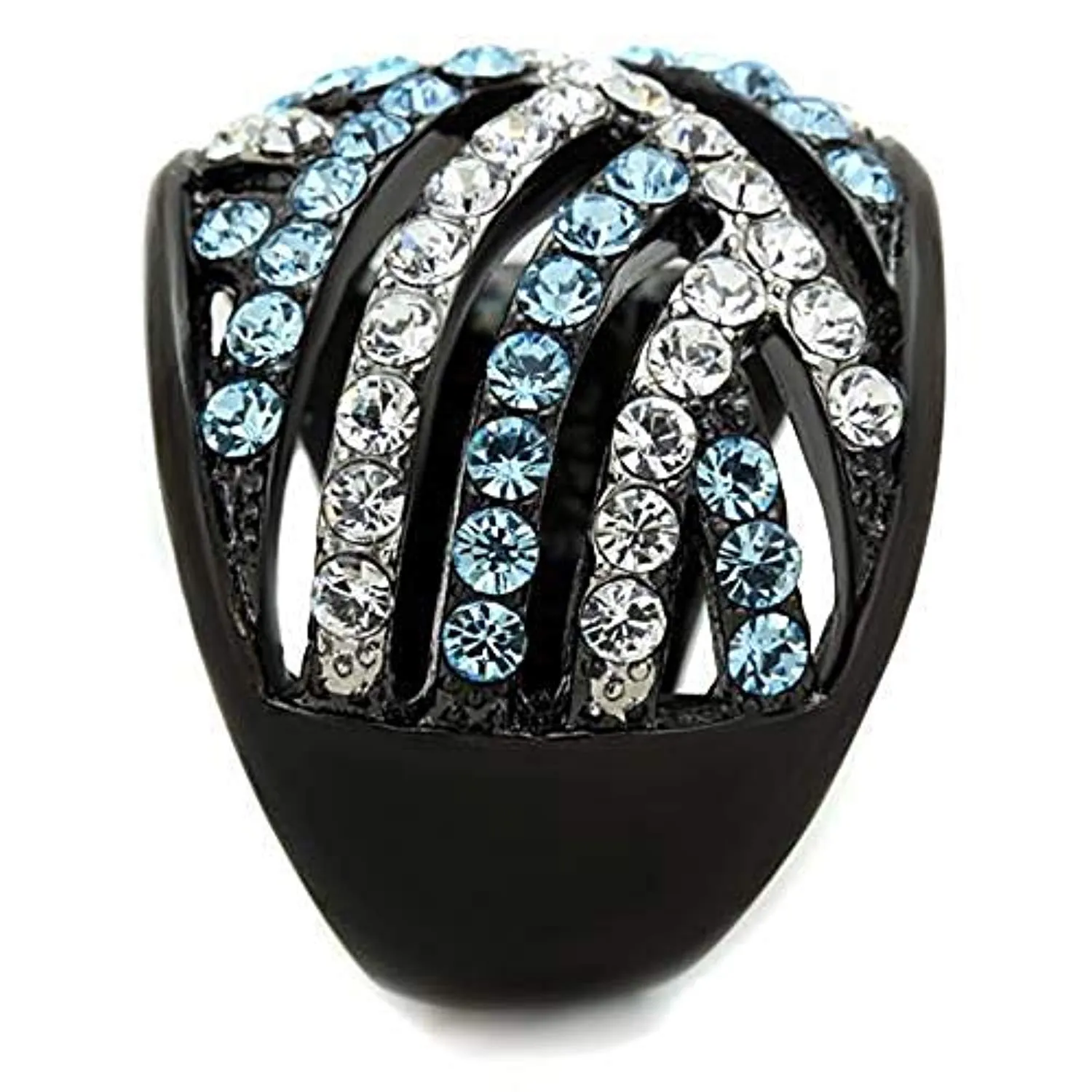 WildKlass Stainless Steel Ring Two-Tone IP Black Women Top Grade Crystal Sea Blue