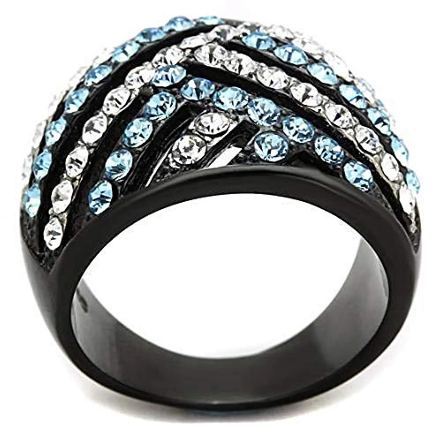 WildKlass Stainless Steel Ring Two-Tone IP Black Women Top Grade Crystal Sea Blue