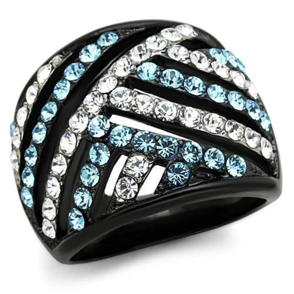 WildKlass Stainless Steel Ring Two-Tone IP Black Women Top Grade Crystal Sea Blue