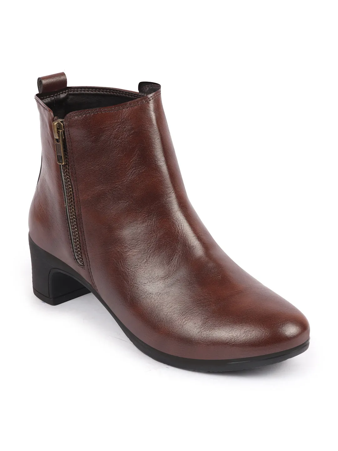 Women Brown Mid Top Flared Heel Side Zipper Winter Classic Boots