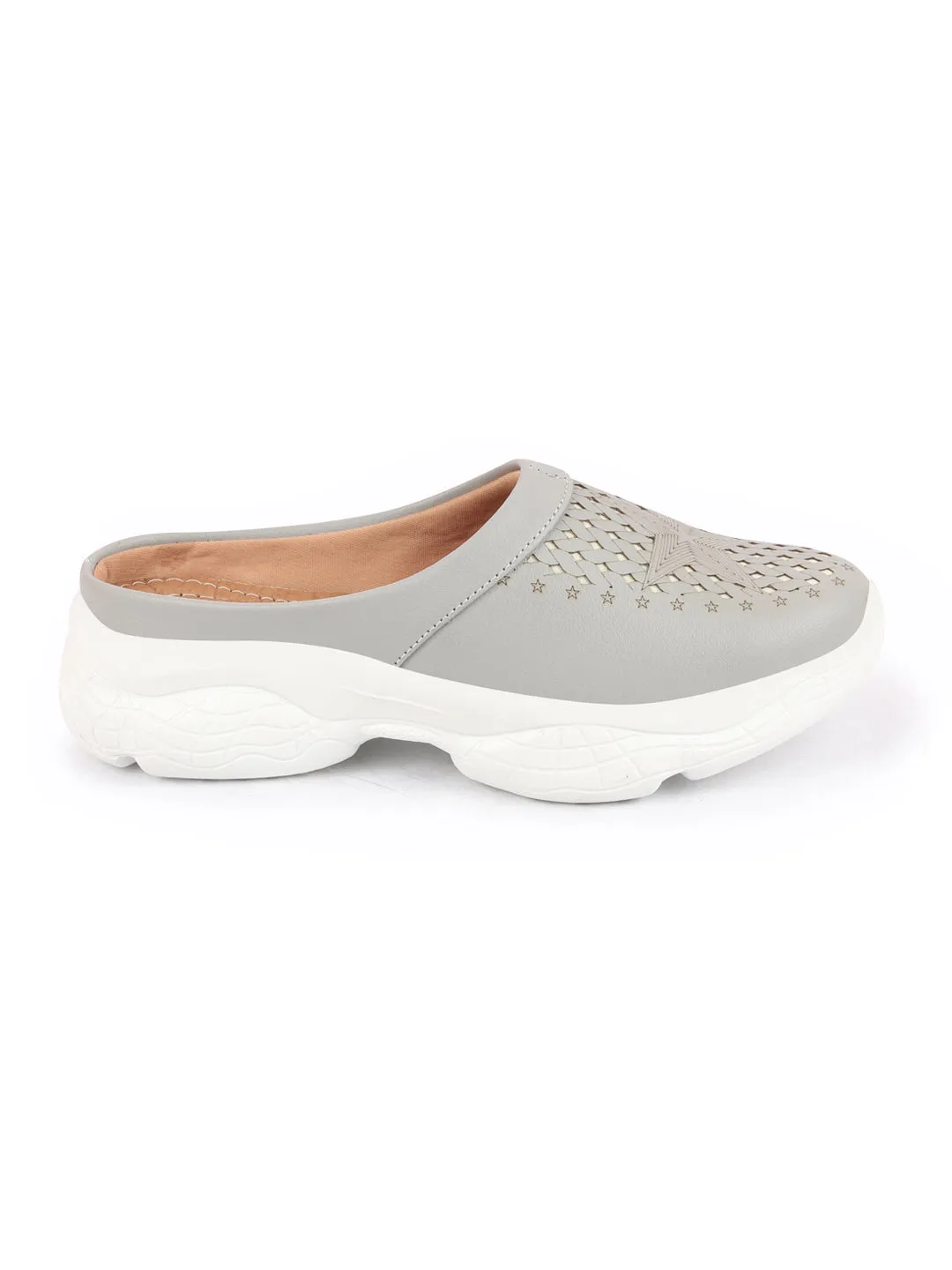 Women Grey Laser Cut Design Stitched Back Open Slip-On Mules Shoes