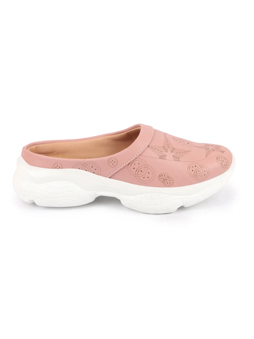 Women Peach Laser Cut Star Design Back Open Slip-On Mules Shoes