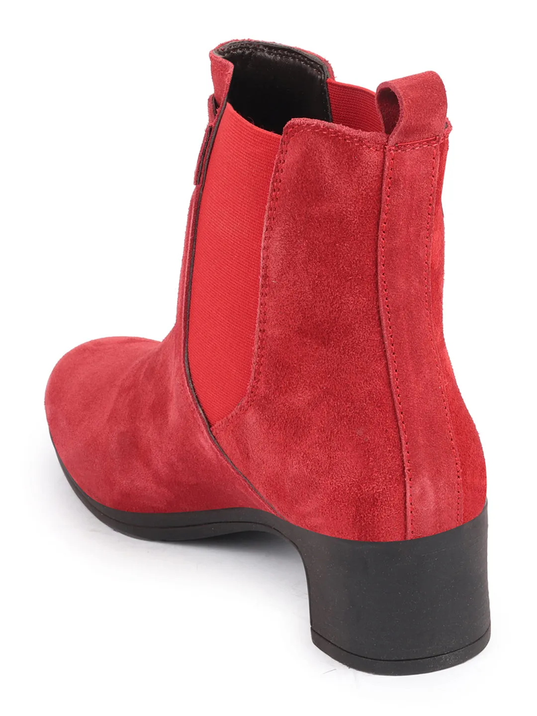 Women Red Flared Heel High Ankle Suede Leather Classic Winter Buckle Strap Chelsea Boots