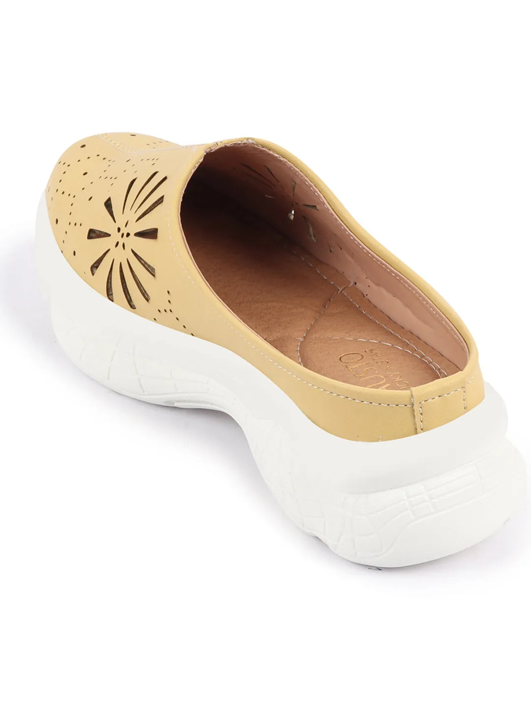 Women Yellow Laser Cut Design Stitched Breathable Back Open Slip On Mules Shoes